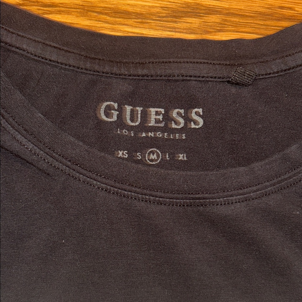 GUESS Black Tee with White Bars and Rhinestone Accent Logo - Picture 2 of 4